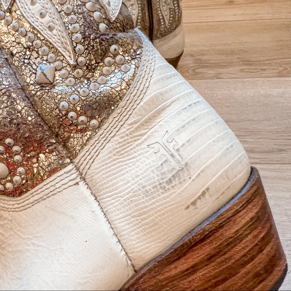 Frye Leather Deborah Deco Tall in White/Gold/Brown - Picture 12 of 13